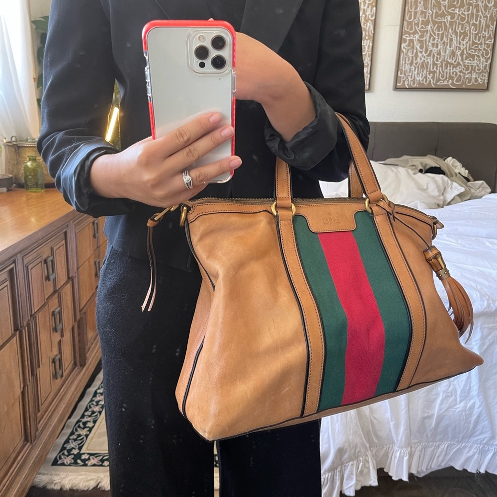 Gucci
Women's Brown Rania Leather Top Handle Bag tassel detail